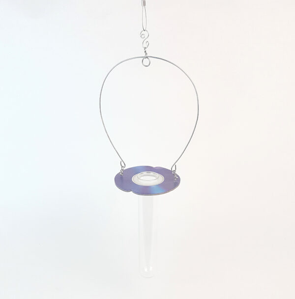 Suspended vase with purple CDs