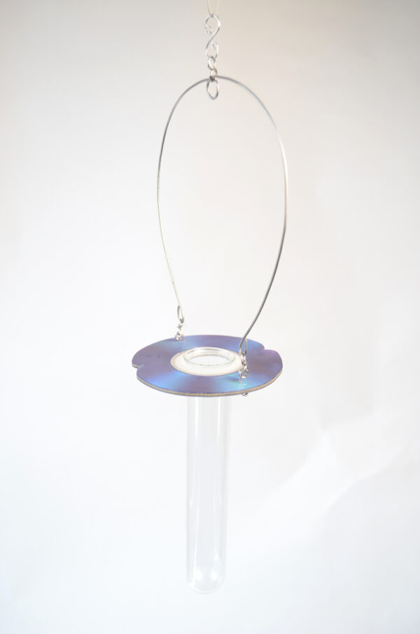 Kittiwake suspended vase made with purple CDs and stainless steel.
