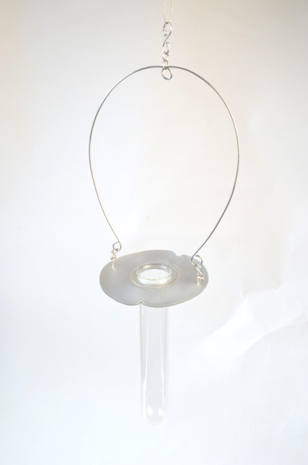 Kittiwake suspended vase (made with CDs cut to poppy-shape & stainless steel) without flower arrangement